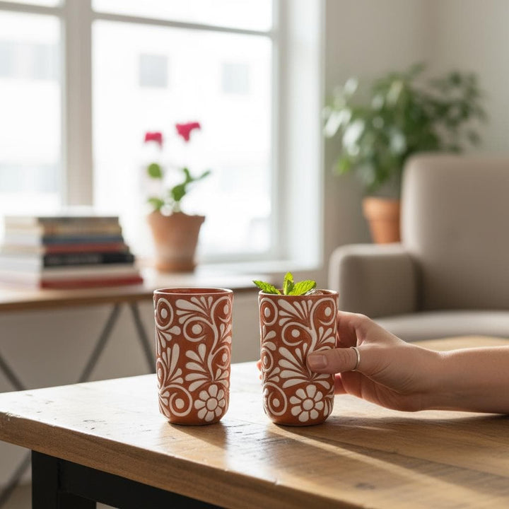 Beautiful Hand Painted Rustic Floral Terracotta Brown & White Talavera – Assorted Quantities