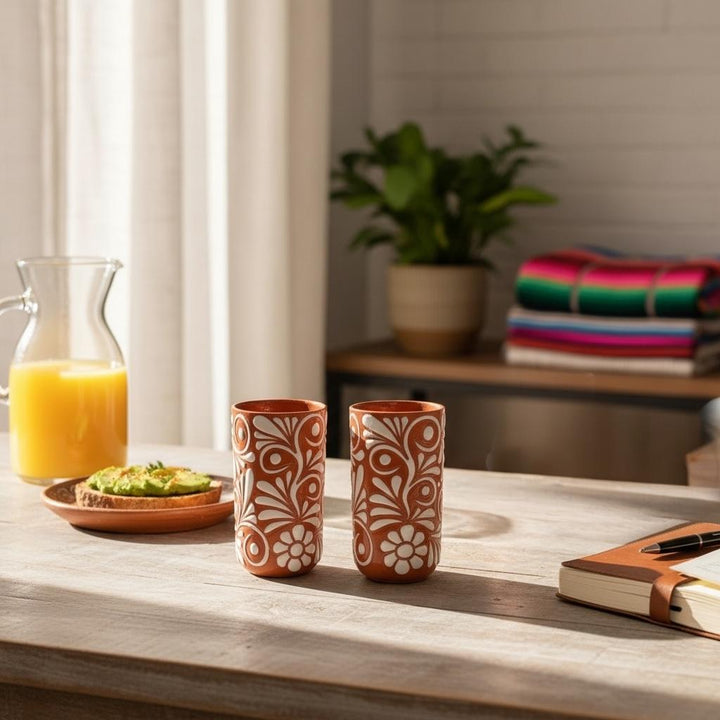 Beautiful Hand Painted Rustic Floral Terracotta Brown & White Talavera – Assorted Quantities