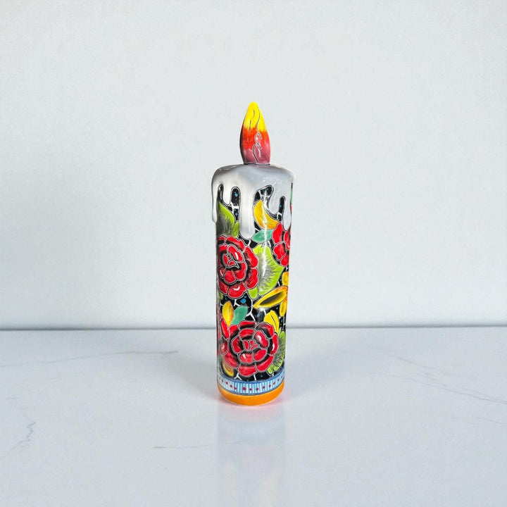Hand Painted Mexican Talavera Snowy Rose Candle Christmas Luminary Decor