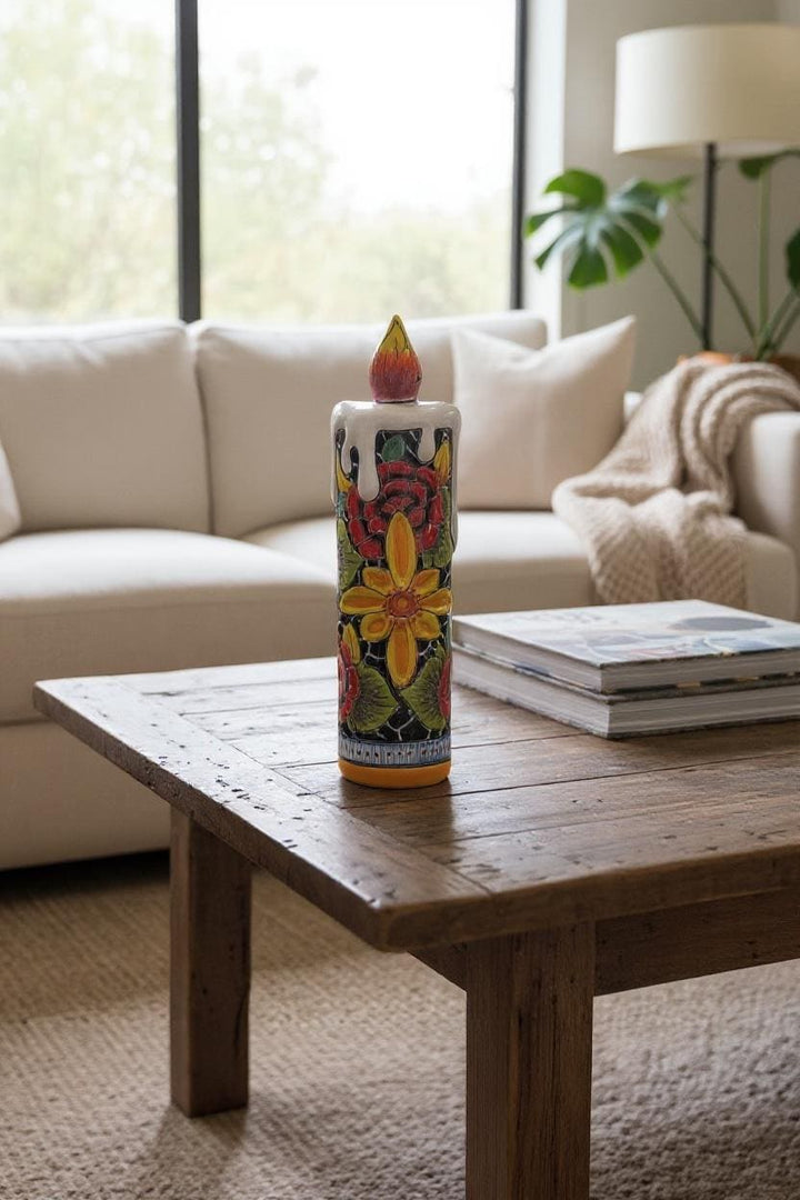 Hand Painted Mexican Talavera Snowy Rose Candle Christmas Luminary Decor