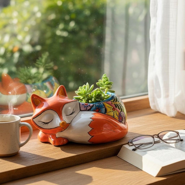 Cute Hand Painted Mexican Talavera Coral Fox Animal Planter Pot (Varying Design)