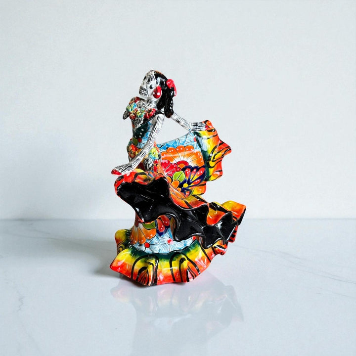 Small Handmade Talavera Catrina Figurine, Vibrant Dancing Skeleton in Folklórico Dress