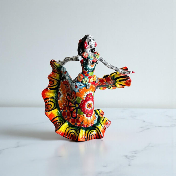 Small Handmade Talavera Catrina Figurine, Vibrant Dancing Skeleton in Folklórico Dress