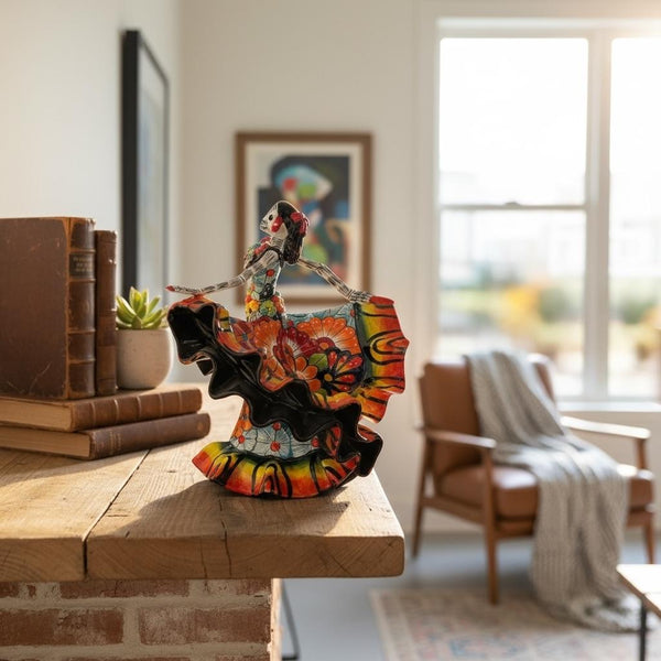 Small Handmade Talavera Catrina Figurine, Vibrant Dancing Skeleton in Folklórico Dress