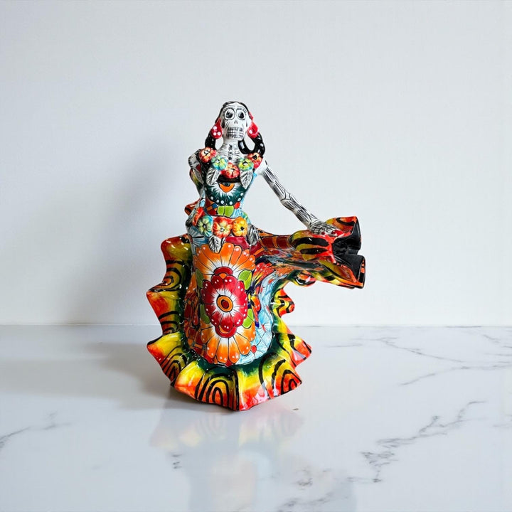Small Handmade Talavera Catrina Figurine, Vibrant Dancing Skeleton in Folklórico Dress