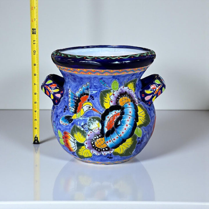 Handpainted Mexican Talavera Blue Floral Hummingbird Planter Pot with Handles – Free Shipping (Contiguous U.S)