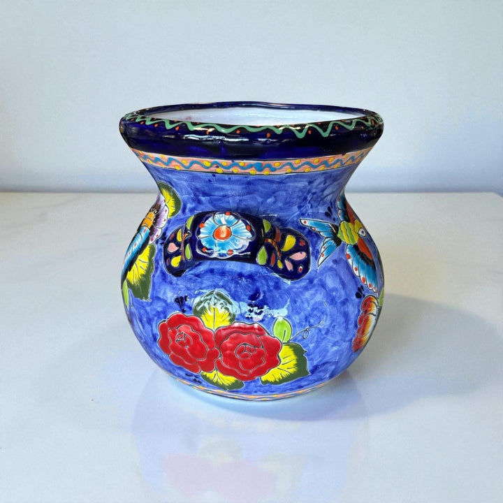 Handpainted Mexican Talavera Blue Floral Hummingbird Planter Pot with Handles – Free Shipping (Contiguous U.S)