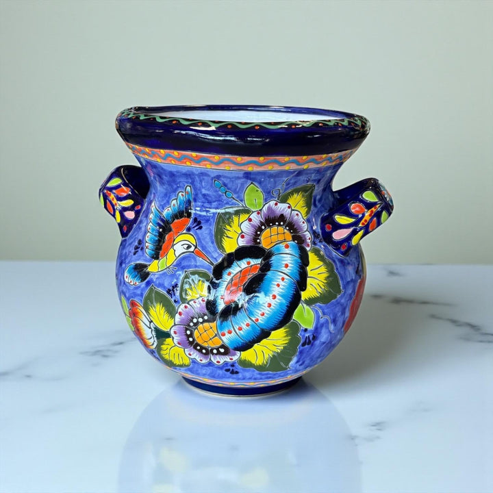 Handpainted Mexican Talavera Blue Floral Hummingbird Planter Pot with Handles – Free Shipping (Contiguous U.S)