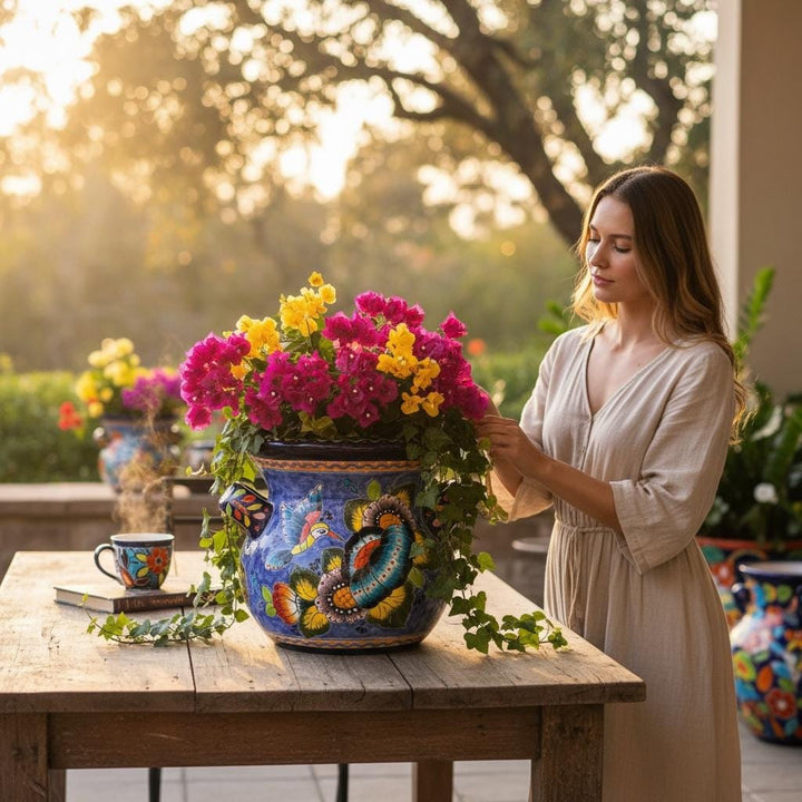 Handpainted Mexican Talavera Blue Floral Hummingbird Planter Pot with Handles – Free Shipping (Contiguous U.S)