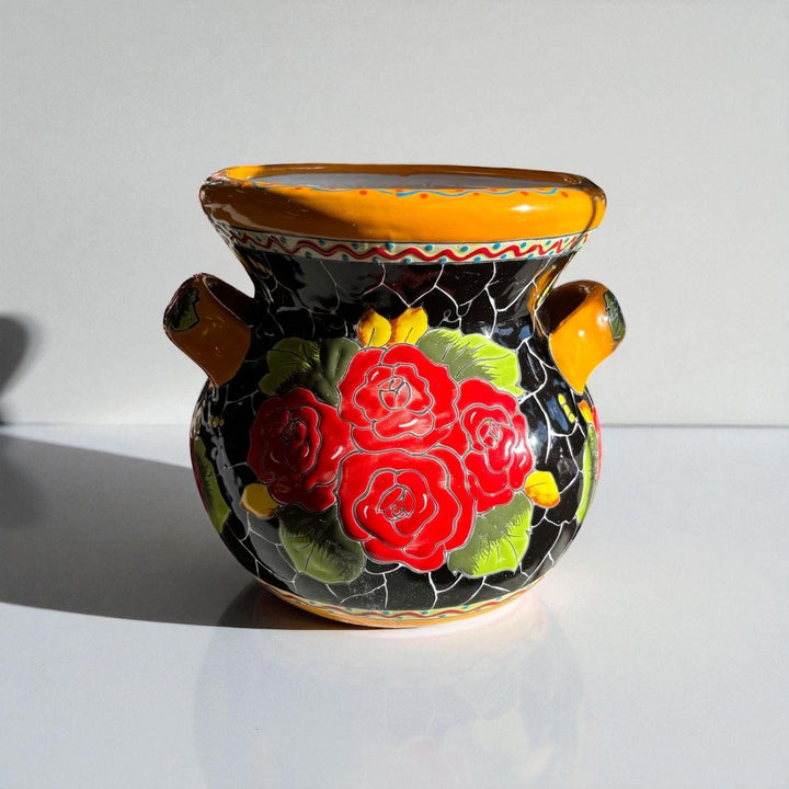 Handpainted Mexican Talavera Roses Black Planter Pot with Handles – Free Shipping (Contiguous U.S)