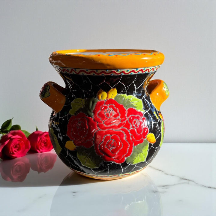 Handpainted Mexican Talavera Roses Black Planter Pot with Handles – Free Shipping (Contiguous U.S)