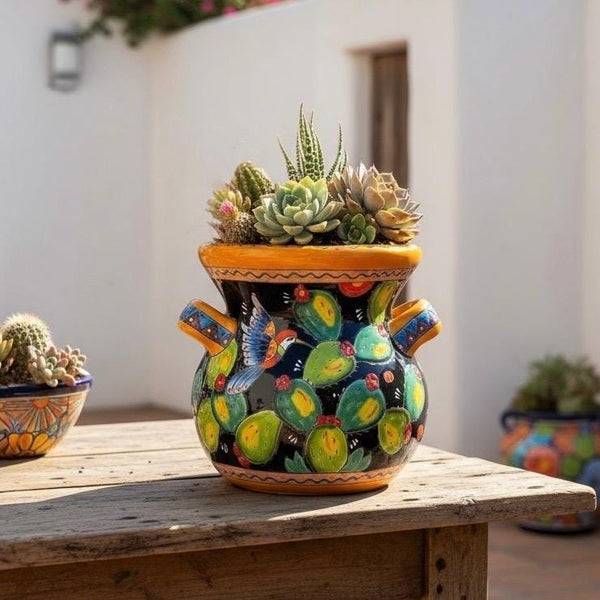 Handpainted Mexican Talavera Cactus Hummingbird Black Planter Pot with Handles – Free Shipping (Contiguous U.S)
