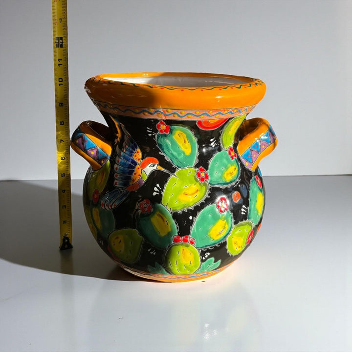 Handpainted Mexican Talavera Cactus Hummingbird Black Planter Pot with Handles – Free Shipping (Contiguous U.S)