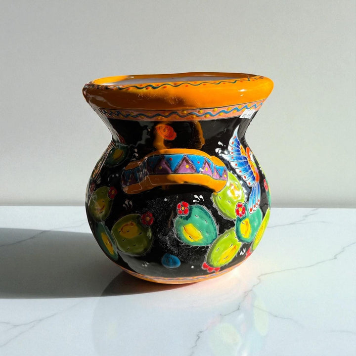 Handpainted Mexican Talavera Cactus Hummingbird Black Planter Pot with Handles – Free Shipping (Contiguous U.S)