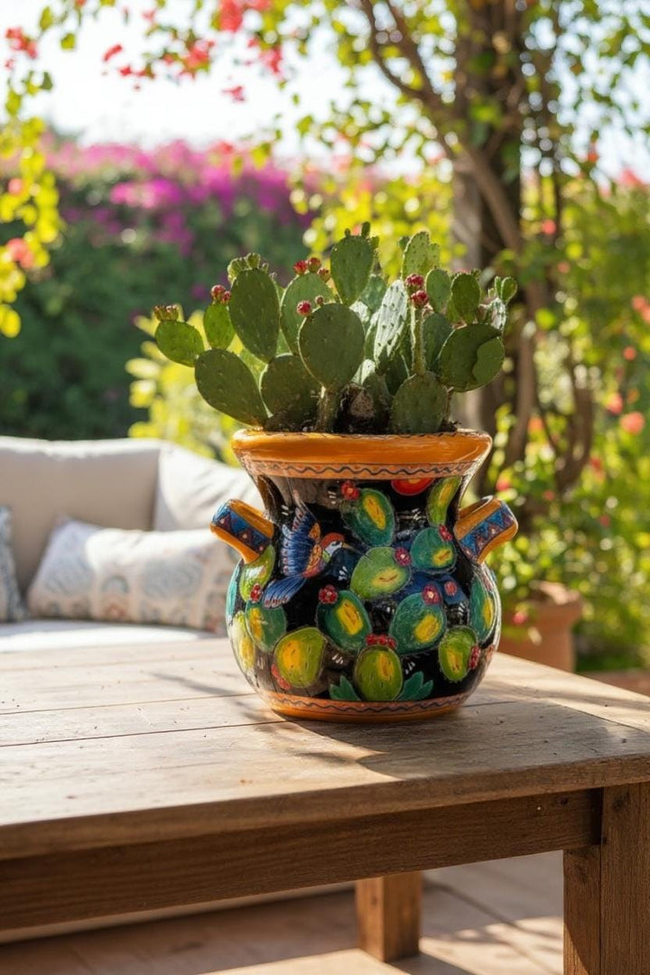 Handpainted Mexican Talavera Cactus Hummingbird Black Planter Pot with Handles – Free Shipping (Contiguous U.S)