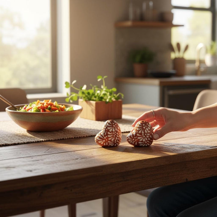 Hand Painted Mexican Talavera Brown and White Heart Salt & Pepper Shaker Set