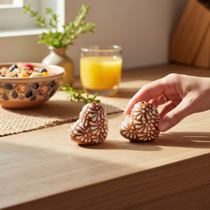 Hand Painted Mexican Talavera Brown and White Heart Salt & Pepper Shaker Set