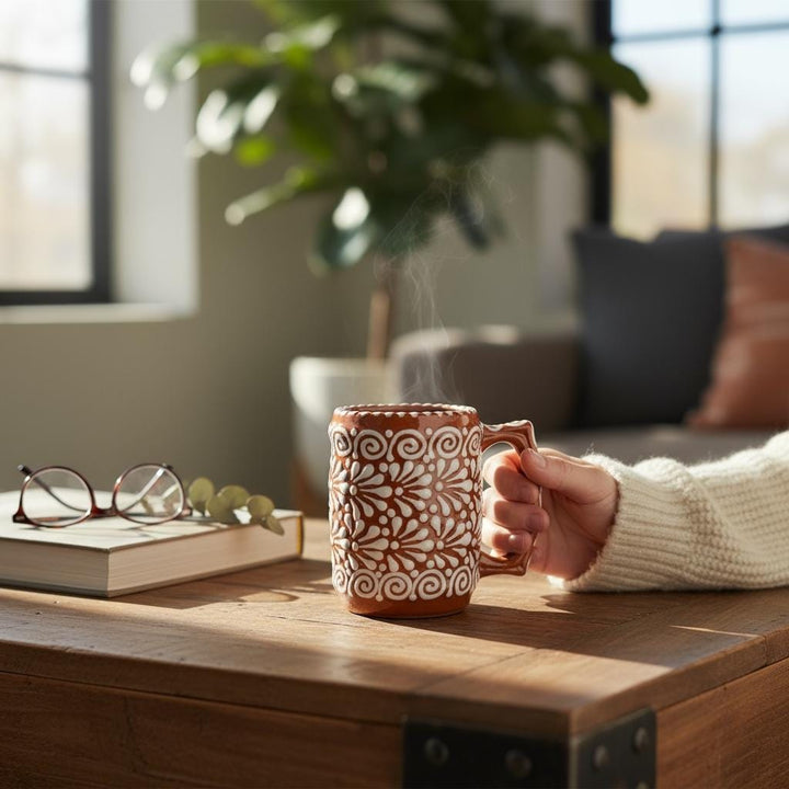 Hand Painted Mexican Talavera Brown & White Tavern Beer Mug (Estilo Cielito Lindo)