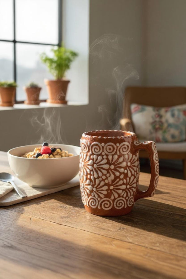 Hand Painted Mexican Talavera Brown & White Tavern Beer Mug (Estilo Cielito Lindo)