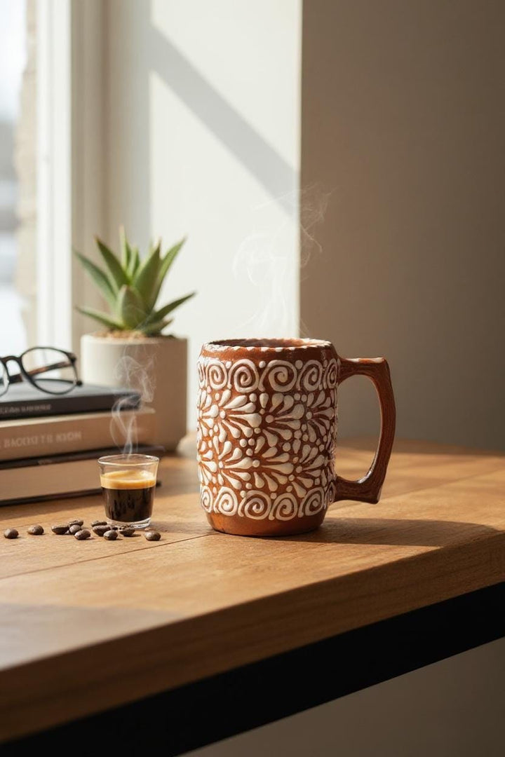 Hand Painted Mexican Talavera Brown & White Tavern Beer Mug (Estilo Cielito Lindo)