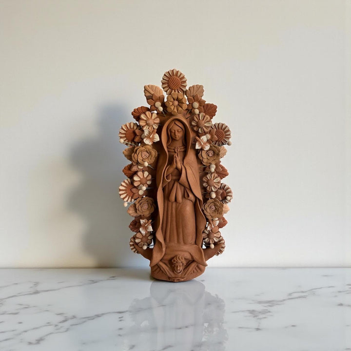 Handmade Medium Mexican Folkart “Virgen de Guadalupe”, Brown Clay and Rustic Neutrals (Varying Design)