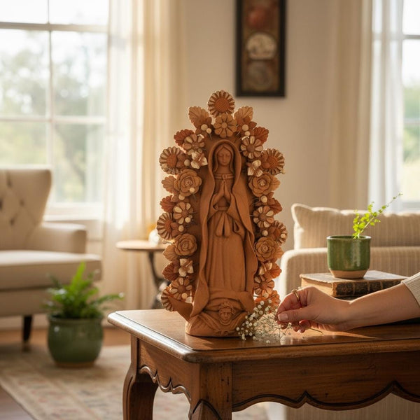 Handmade Medium Mexican Folkart “Virgen de Guadalupe”, Brown Clay and Rustic Neutrals (Varying Design)