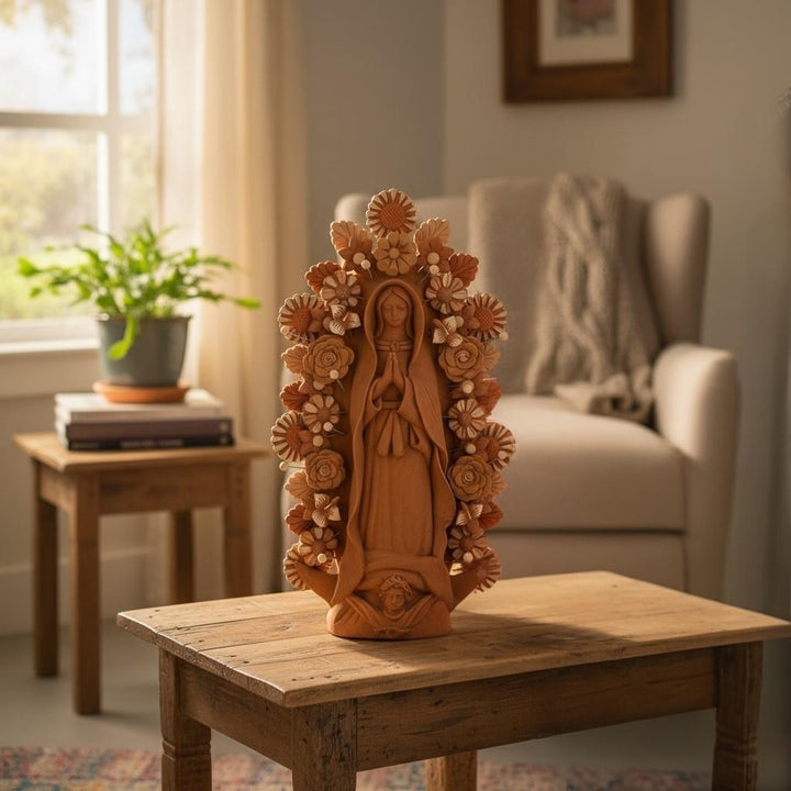 Handmade Medium Mexican Folkart “Virgen de Guadalupe”, Brown Clay and Rustic Neutrals (Varying Design)