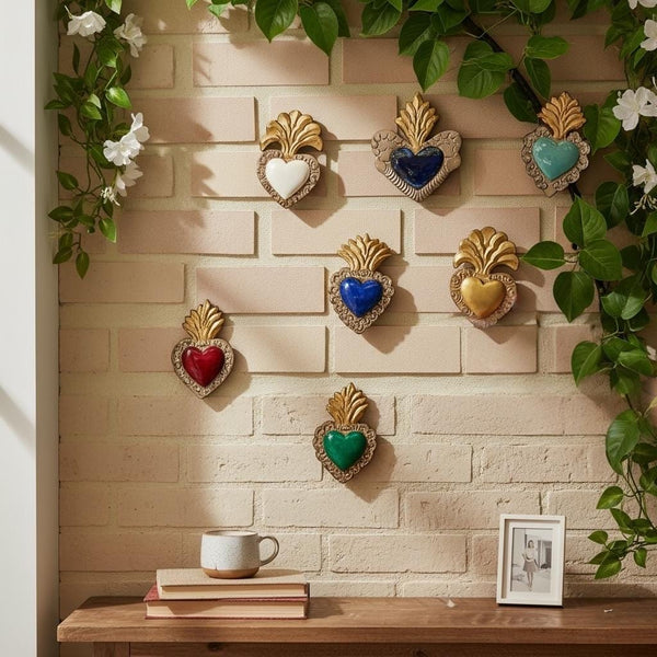 Handmade Mexican Mini Tin Sacred Hearts Wall Decor – Assorted Colors (Varying Design)