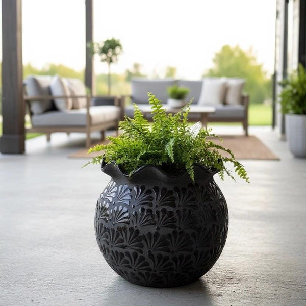 Hand Painted Mexican Black Clay and Black Round Planter Pot with Scalloped Rim – Free Shipping (Contiguous U.S. Only)