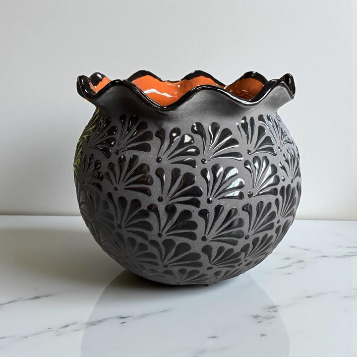 Hand Painted Mexican Black Clay and Black Round Planter Pot with Scalloped Rim – Free Shipping (Contiguous U.S. Only)