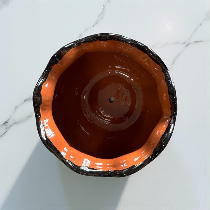 Hand Painted Mexican Black Clay and Black Round Planter Pot with Scalloped Rim – Free Shipping (Contiguous U.S. Only)