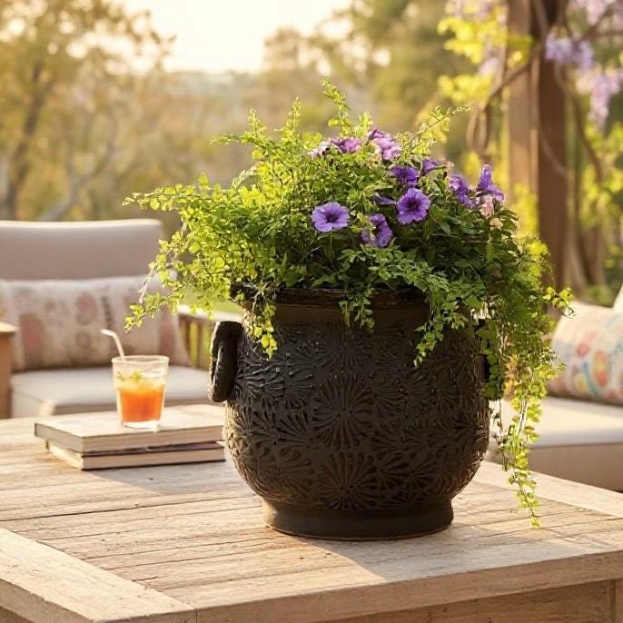 Hand Painted Mexican Black Clay and Black Cauldron Handle Planter Pot – Free Shipping (Contiguous U.S. Only)