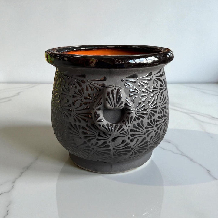 Hand Painted Mexican Black Clay and Black Cauldron Handle Planter Pot – Free Shipping (Contiguous U.S. Only)