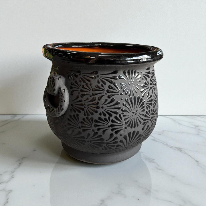Hand Painted Mexican Black Clay and Black Cauldron Handle Planter Pot – Free Shipping (Contiguous U.S. Only)