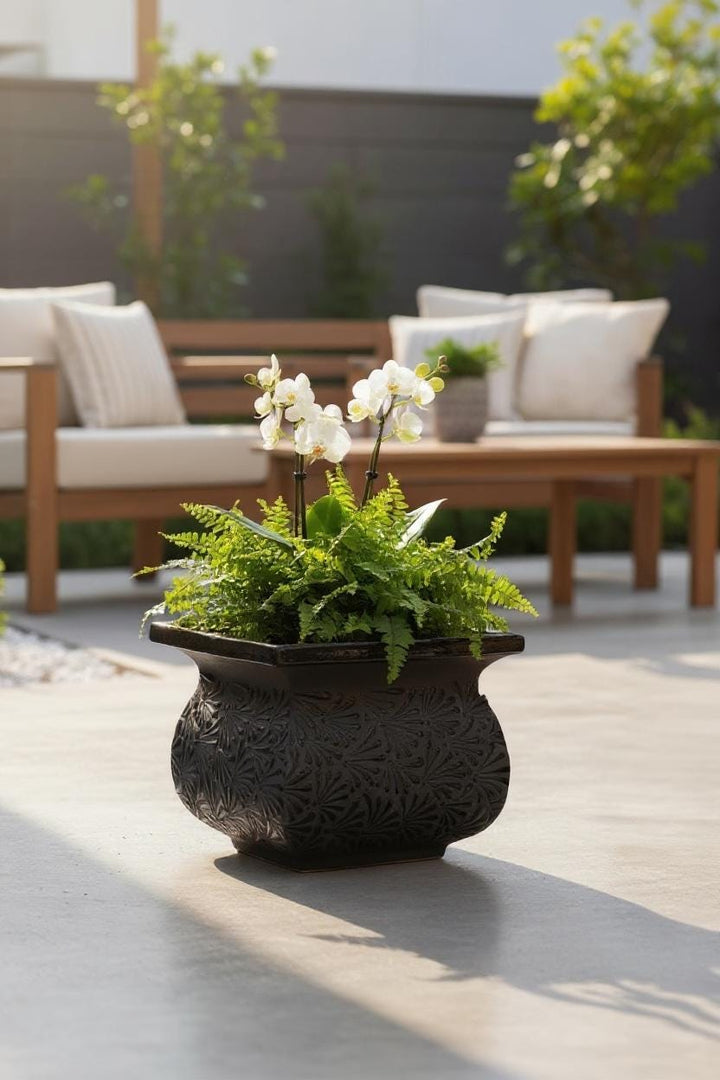 Hand Painted Mexican Black Clay and Black Square Planter Pot – Free Shipping (Contiguous U.S. Only)