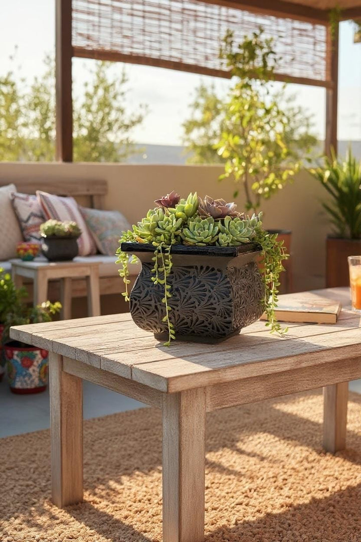 Hand Painted Mexican Black Clay and Black Square Planter Pot – Free Shipping (Contiguous U.S. Only)