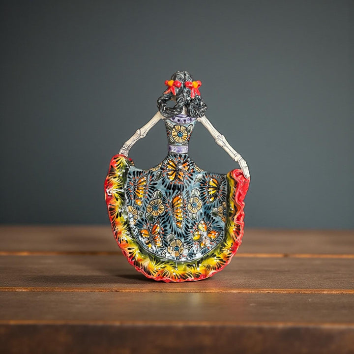 Small Handpainted Talavera Catrina Figurine, Dancing Skeleton in Folklórico Butterfly Dress