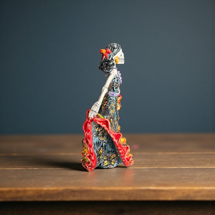 Small Handpainted Talavera Catrina Figurine, Dancing Skeleton in Folklórico Butterfly Dress