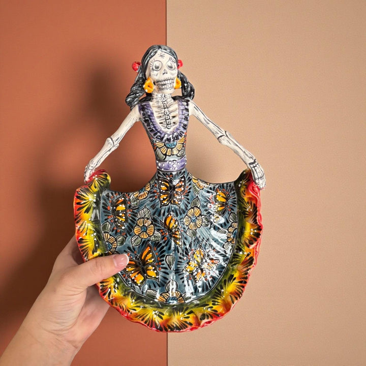 Small Handpainted Talavera Catrina Figurine, Dancing Skeleton in Folklórico Butterfly Dress