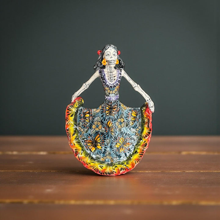 Small Handpainted Talavera Catrina Figurine, Dancing Skeleton in Folklórico Butterfly Dress