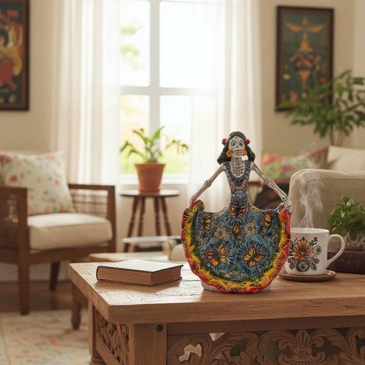 Small Handpainted Talavera Catrina Figurine, Dancing Skeleton in Folklórico Butterfly Dress