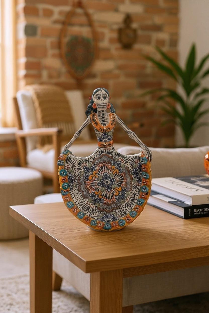Small Handpainted Talavera Catrina Figurine, Dancing Skeleton in Orange & Blue Floral Folklórico Dress