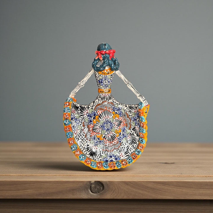 Small Handpainted Talavera Catrina Figurine, Dancing Skeleton in Orange & Blue Floral Folklórico Dress