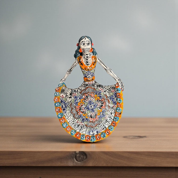 Small Handpainted Talavera Catrina Figurine, Dancing Skeleton in Orange & Blue Floral Folklórico Dress