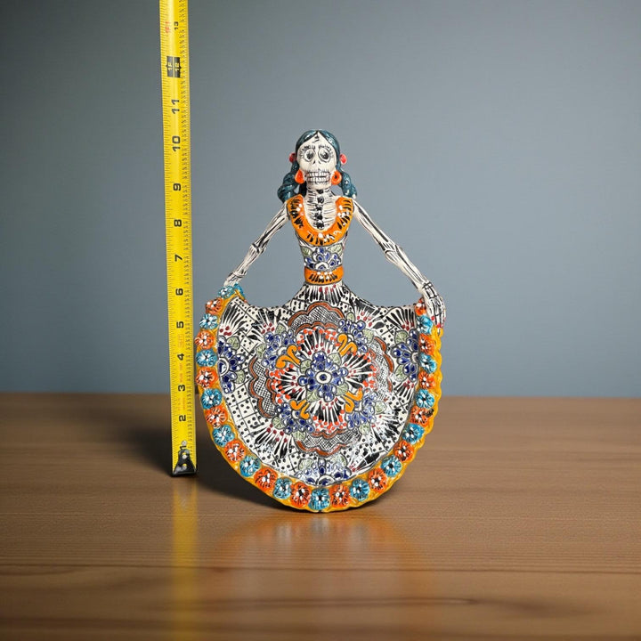 Small Handpainted Talavera Catrina Figurine, Dancing Skeleton in Orange & Blue Floral Folklórico Dress