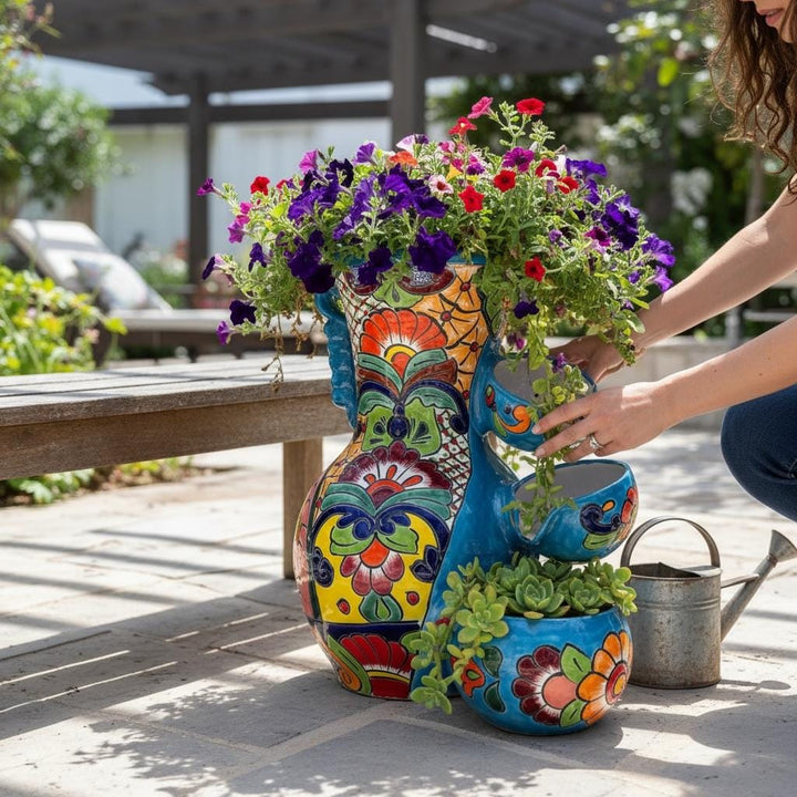 Vibrant Hand Painted Talavera Tabletop Tier Water Fountain, Light Blue – Free Shipping (Contiguous U.S. Only)