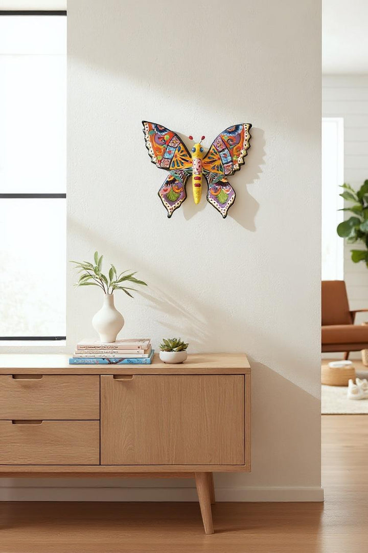Beautiful Hand Painted Mexican Talavera Folkart Butterfly Wall Decor, Blue