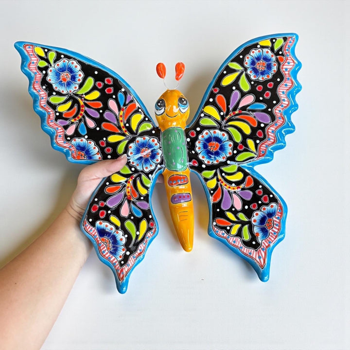 Beautiful Hand Painted Mexican Talavera Folkart Butterfly Wall Decor, Blk