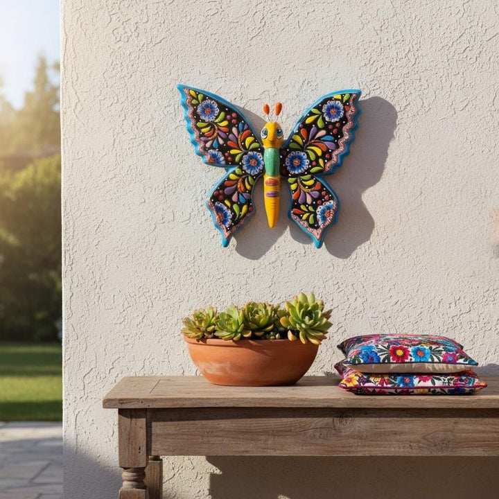 Beautiful Hand Painted Mexican Talavera Folkart Butterfly Wall Decor, Blk