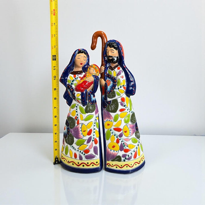 Beautiful Hand Painted Mexican Talavera 2-Piece Nativity Set, Dark Blue & Orange